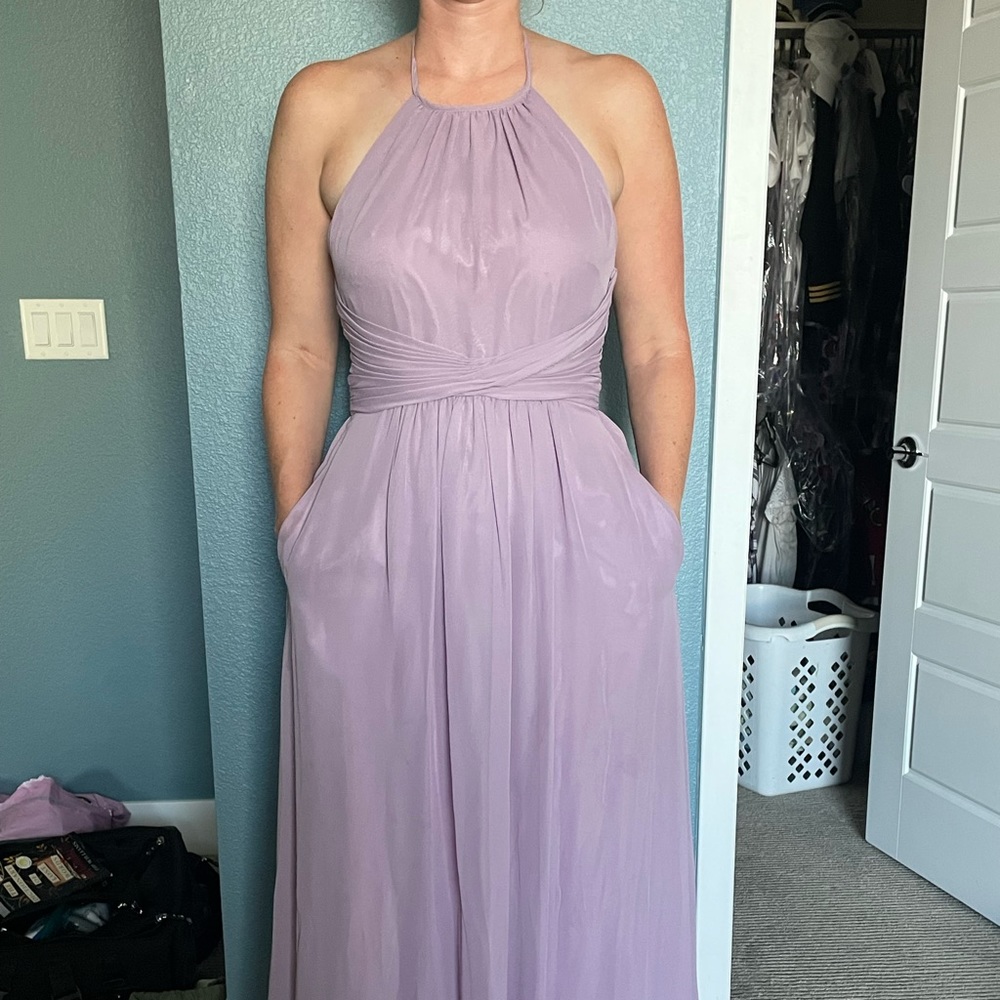 Lilac Weddington Way halter bridesmaid dress